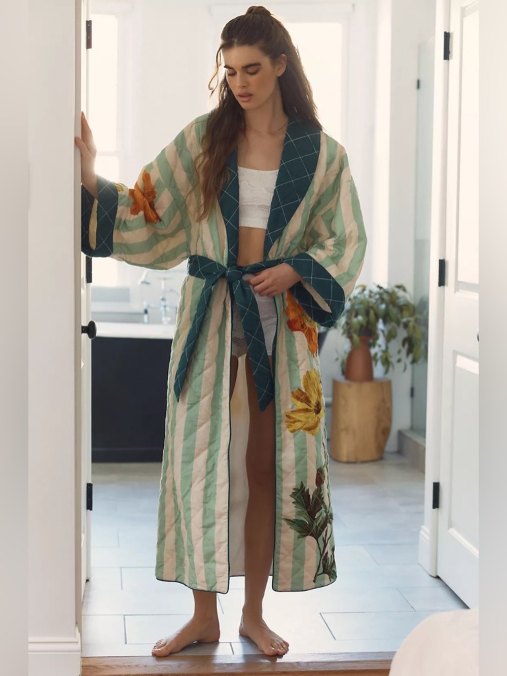 New Anthropologie Nay Bellamy LyreBird Quilted Flannel Robe Stripe Floral